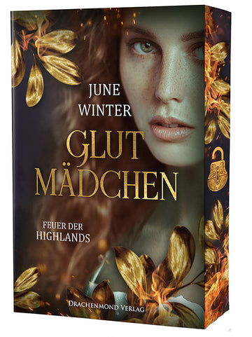 Das Cover zeigt auf Zweidrittel des Porträts einer jungen Frau. Der Buchtitel ist mittig zu sehen. Goldene Blätter, kleine Flammen und Funken sind darum angeordnet.